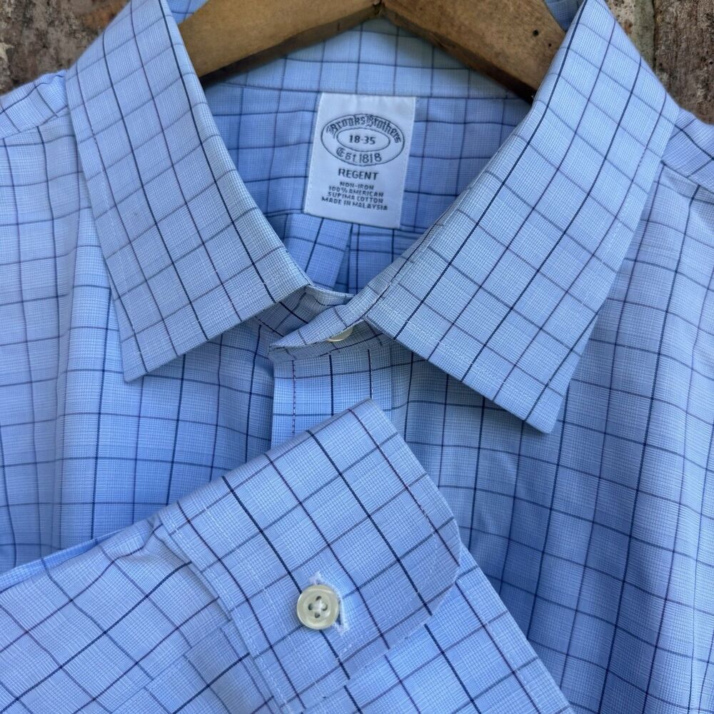 Brooks Brothers Regent Mens 18 35 Blue Check Non-Iron Cotton Dress Shirt